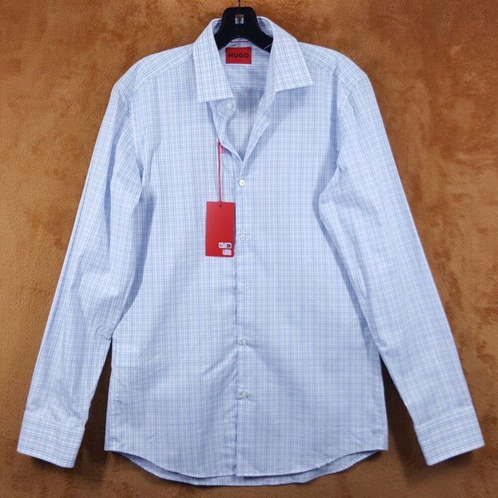 HUGO BOSS Shirt Mens 15 38 Blue Check Plaid Button Up Slim Fit KENNO $128